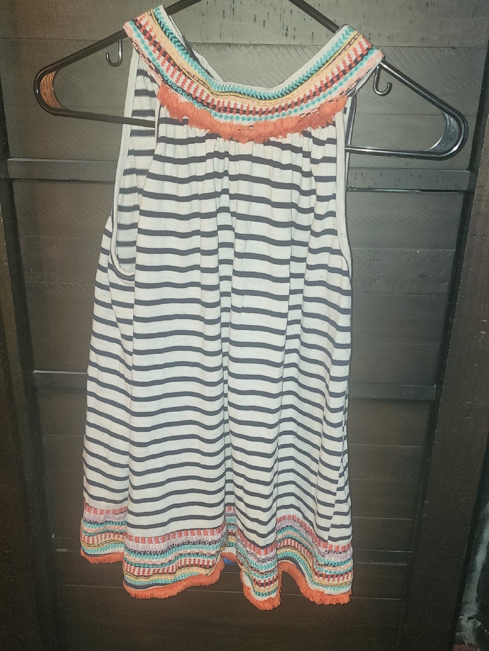 THML Navy & White Striped Skater Skirt with Coral Crochet Trim